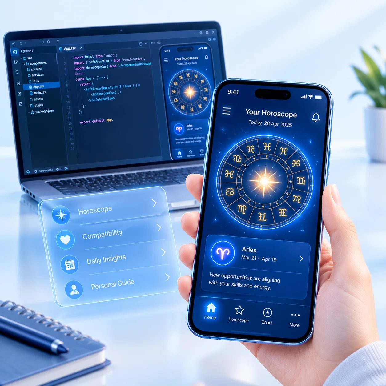 Programmer coding an astrology app on a desktop computer in a dark room