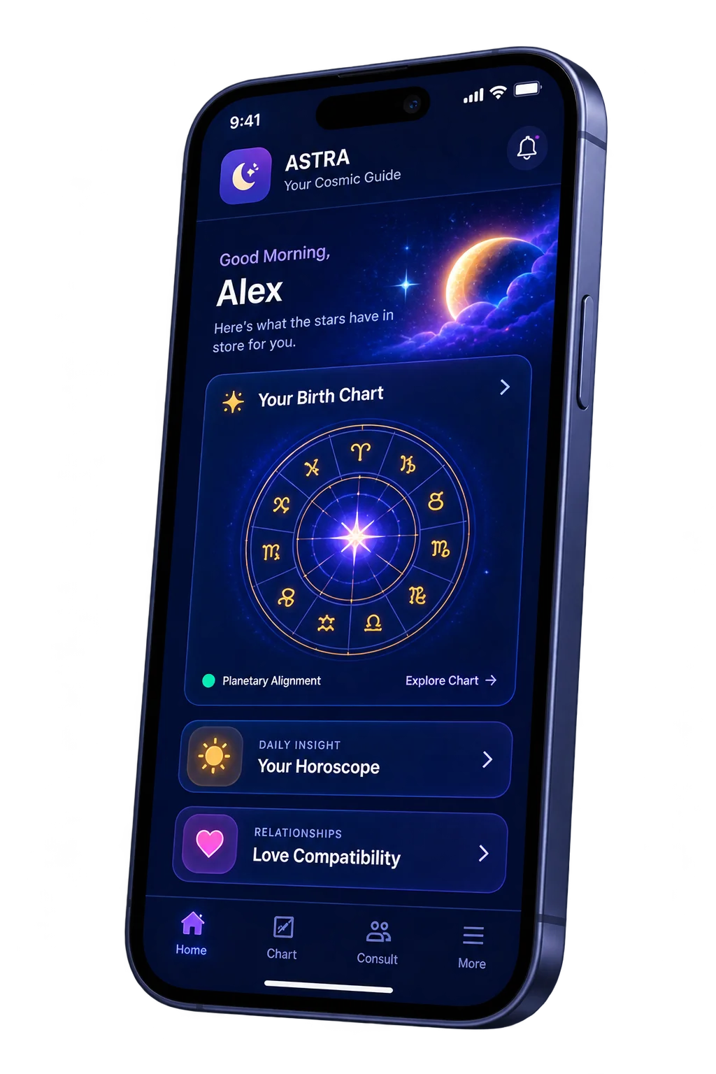 Astrology and horoscope mobile app interface with zodiac chart, daily horoscope and astrologer consultation screens