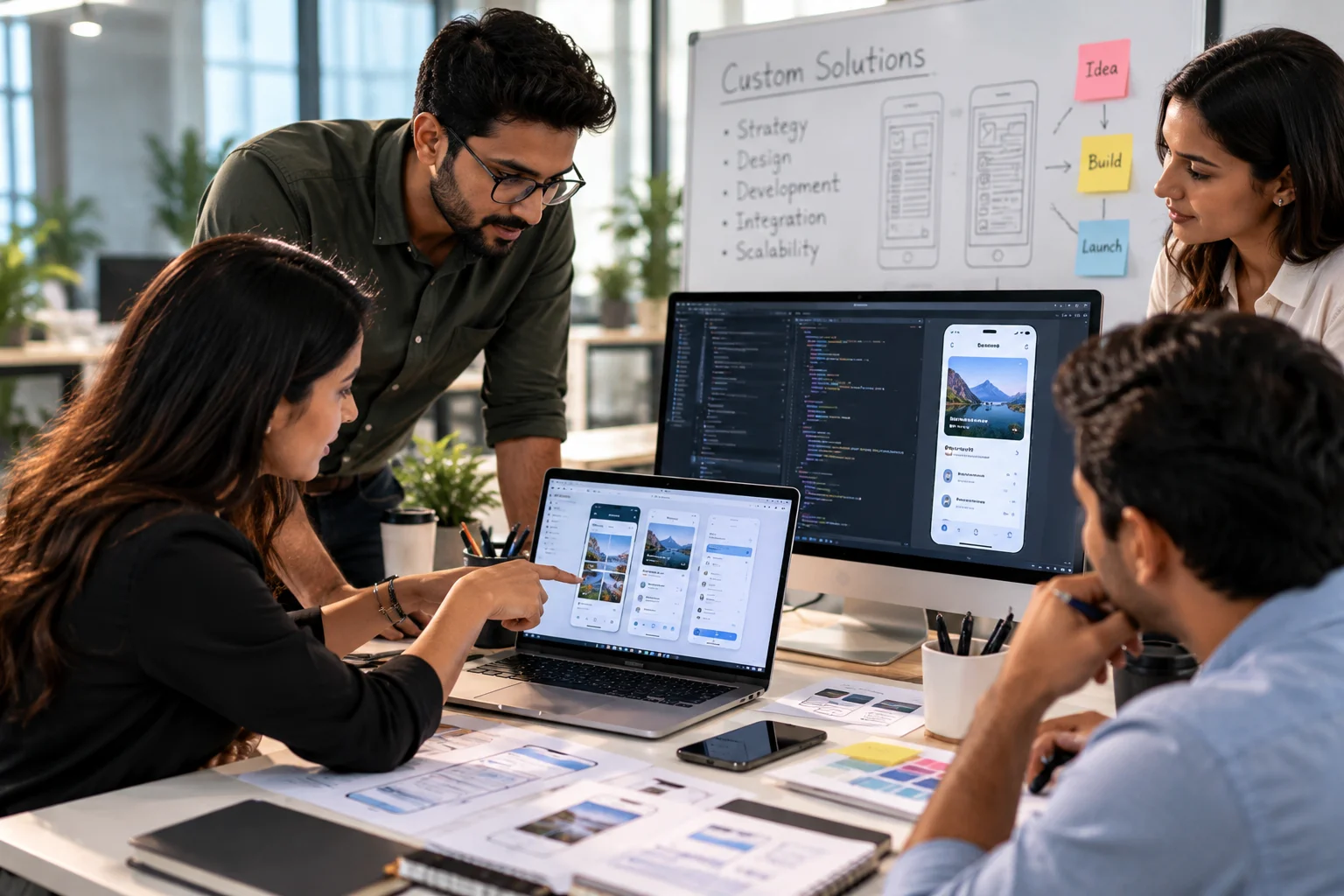 Creative business professional illustrating ideas for custom FinTech software solutions