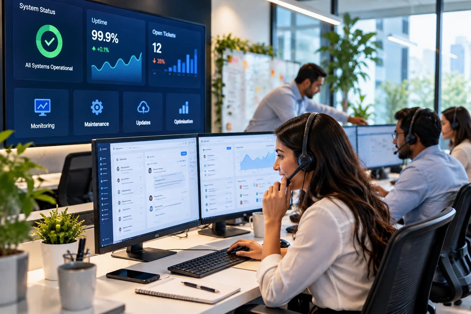 Customer support professionals providing continuous FinTech application maintenance and technical assistance