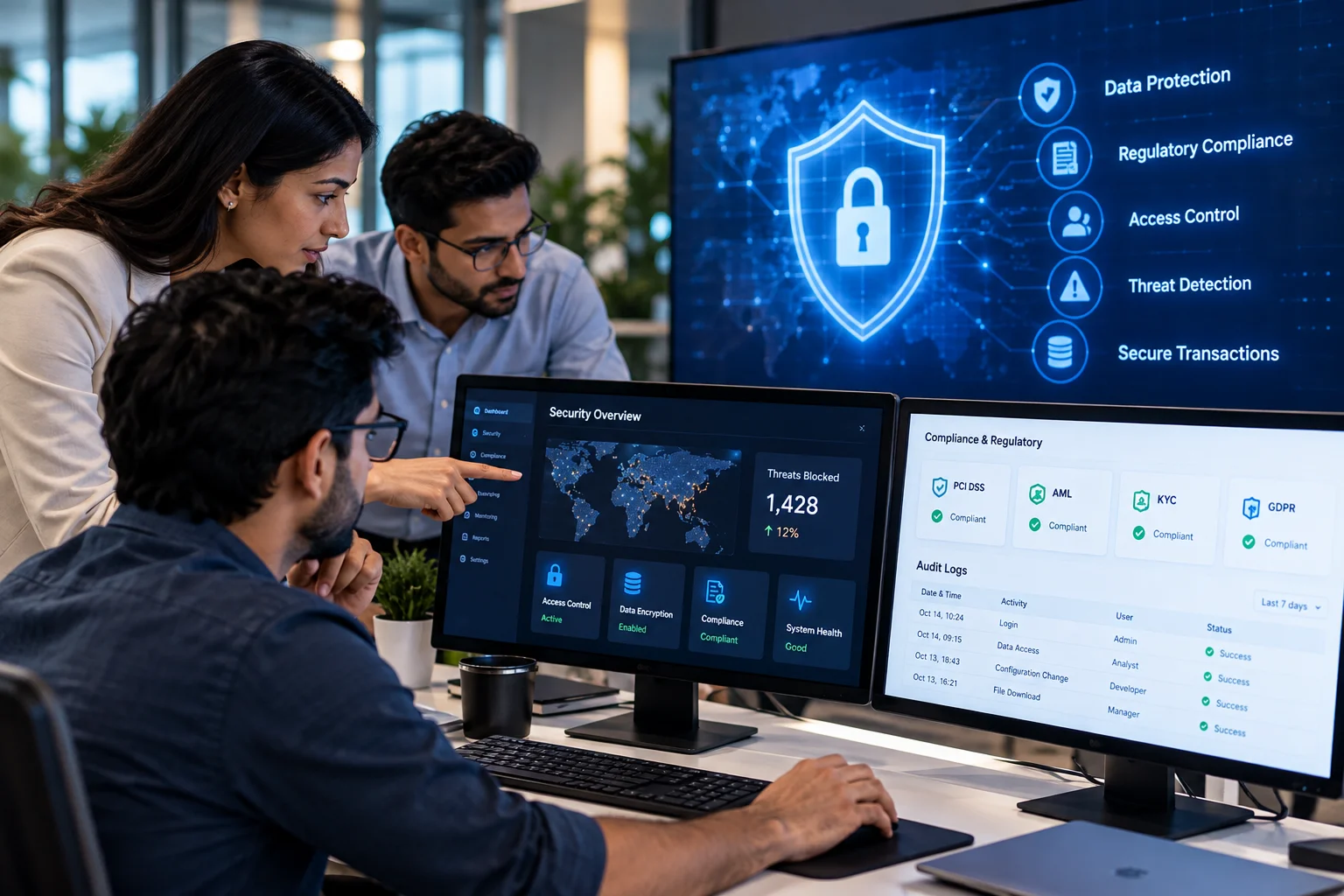 Digital security shield and padlock representing FinTech application security and financial data protection
