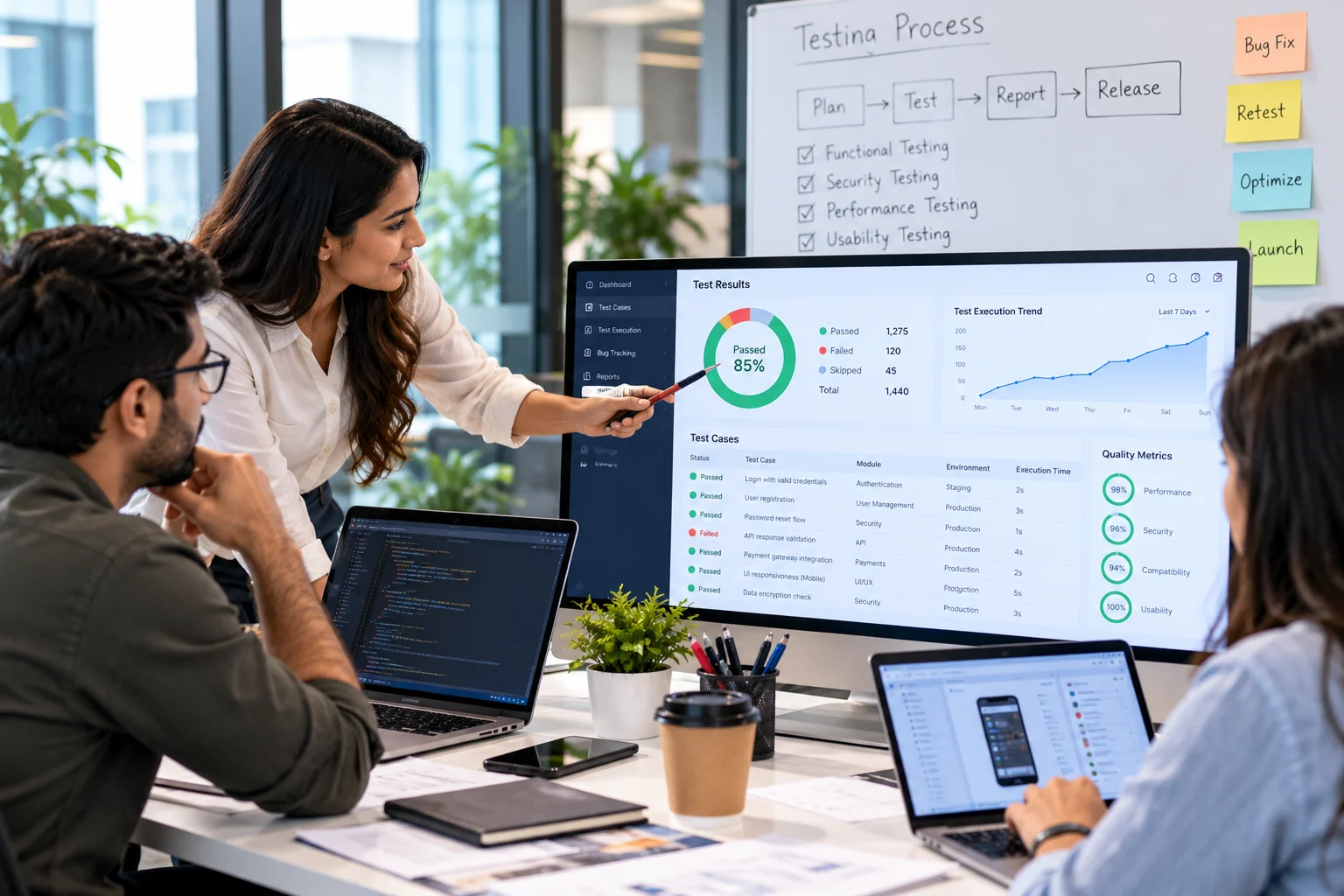 Software testing interface displaying quality assurance and performance validation processes for FinTech applications