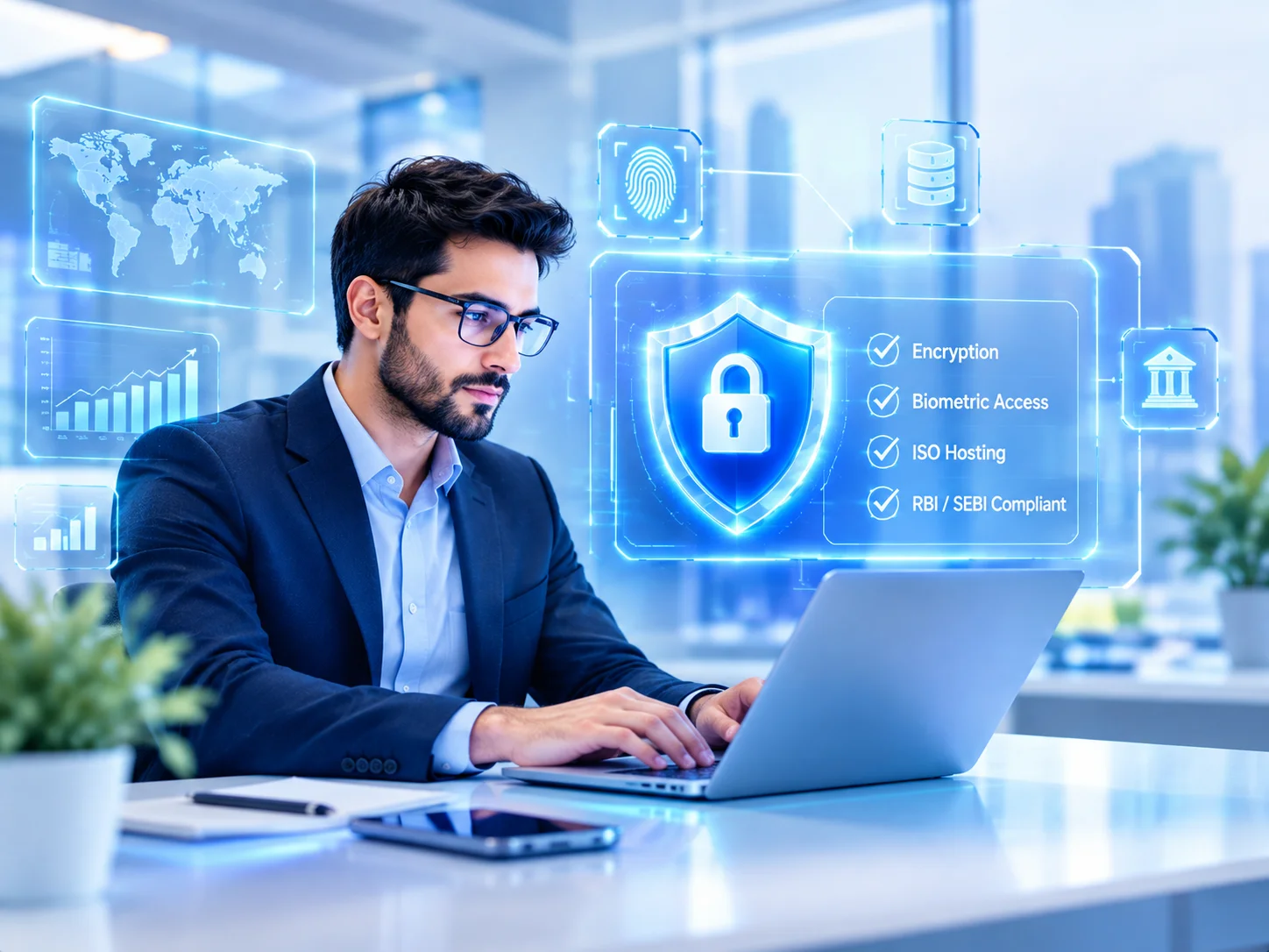FinTech cybersecurity and regulatory compliance dashboard with encryption and biometric access
