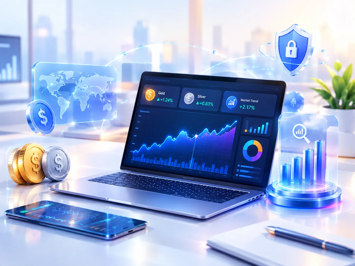 FinTech market analytics dashboard displaying financial charts and investment trends