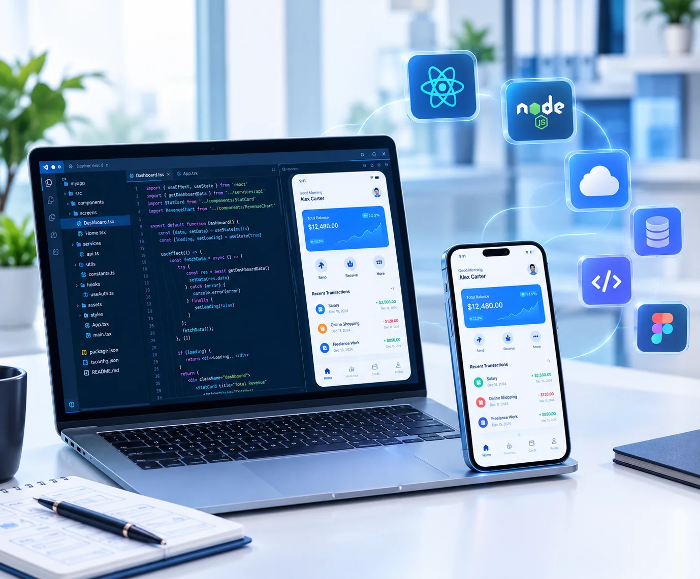 Futuristic digital workflow connecting devices, data and applications