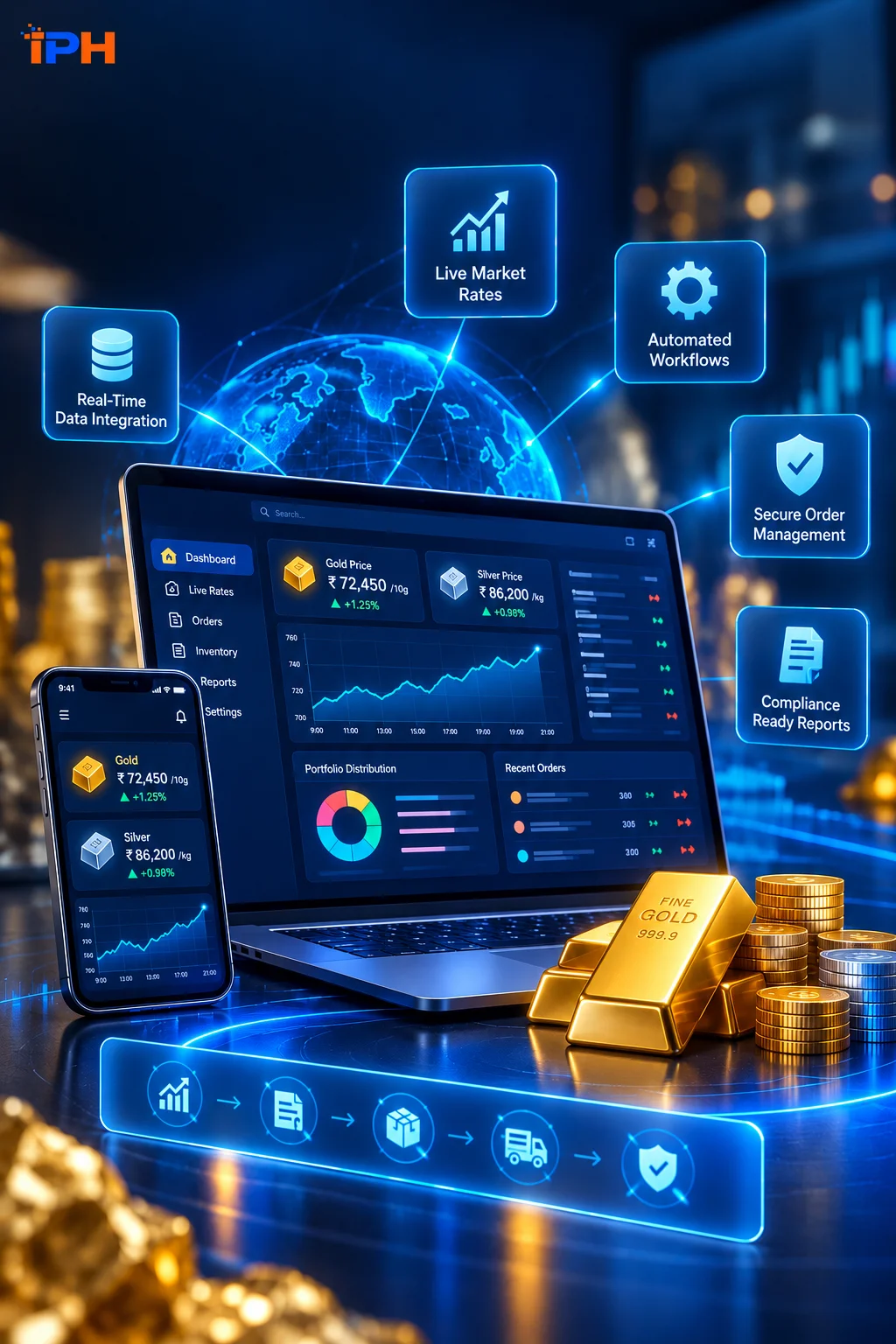 Gold and silver bullion representing live rate trading software