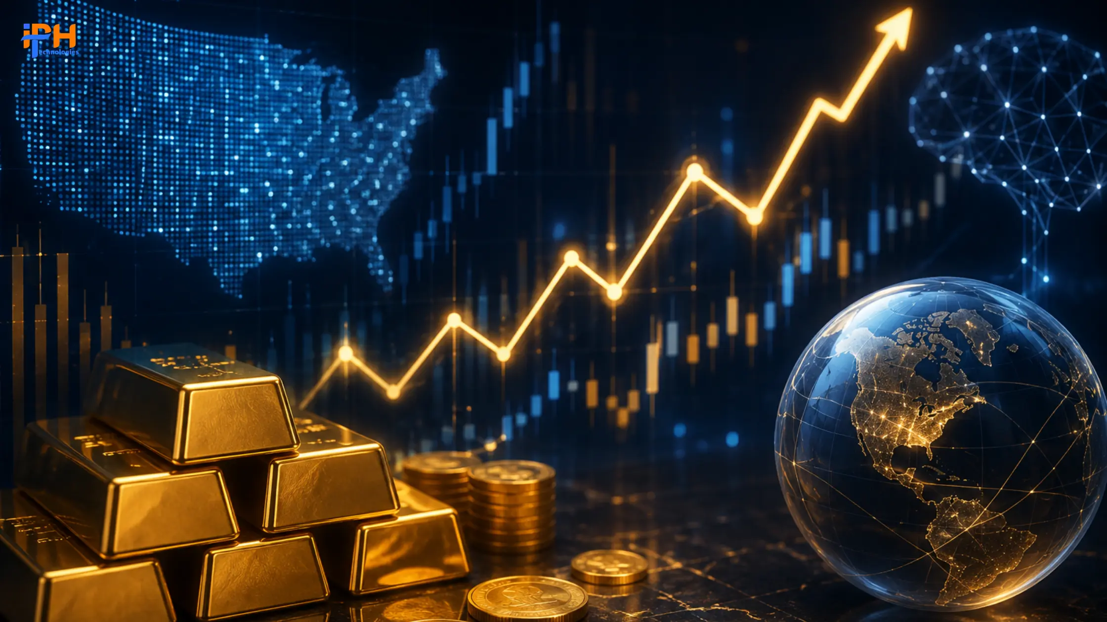 AI-driven analytics predicting gold price trends chart with rising graph and gold bars